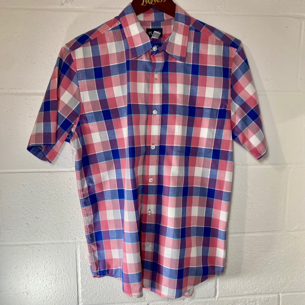 Place Men's Pink White and Blue Checked Short Sleeve Button Down Shirt
